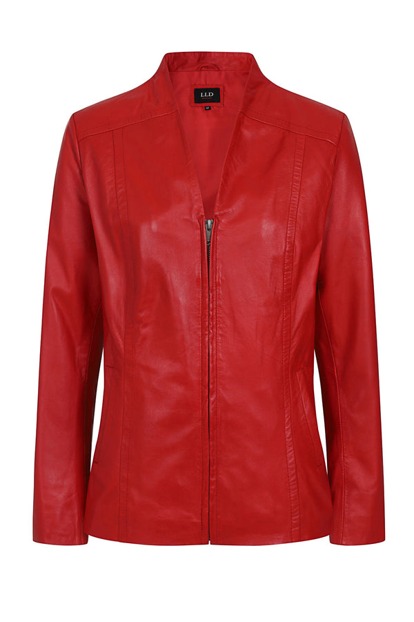 Women's red genuine leather zip-up jacket with 'V' neck, hip length, available in sizes 10, 12, and 14 by LLD Original.